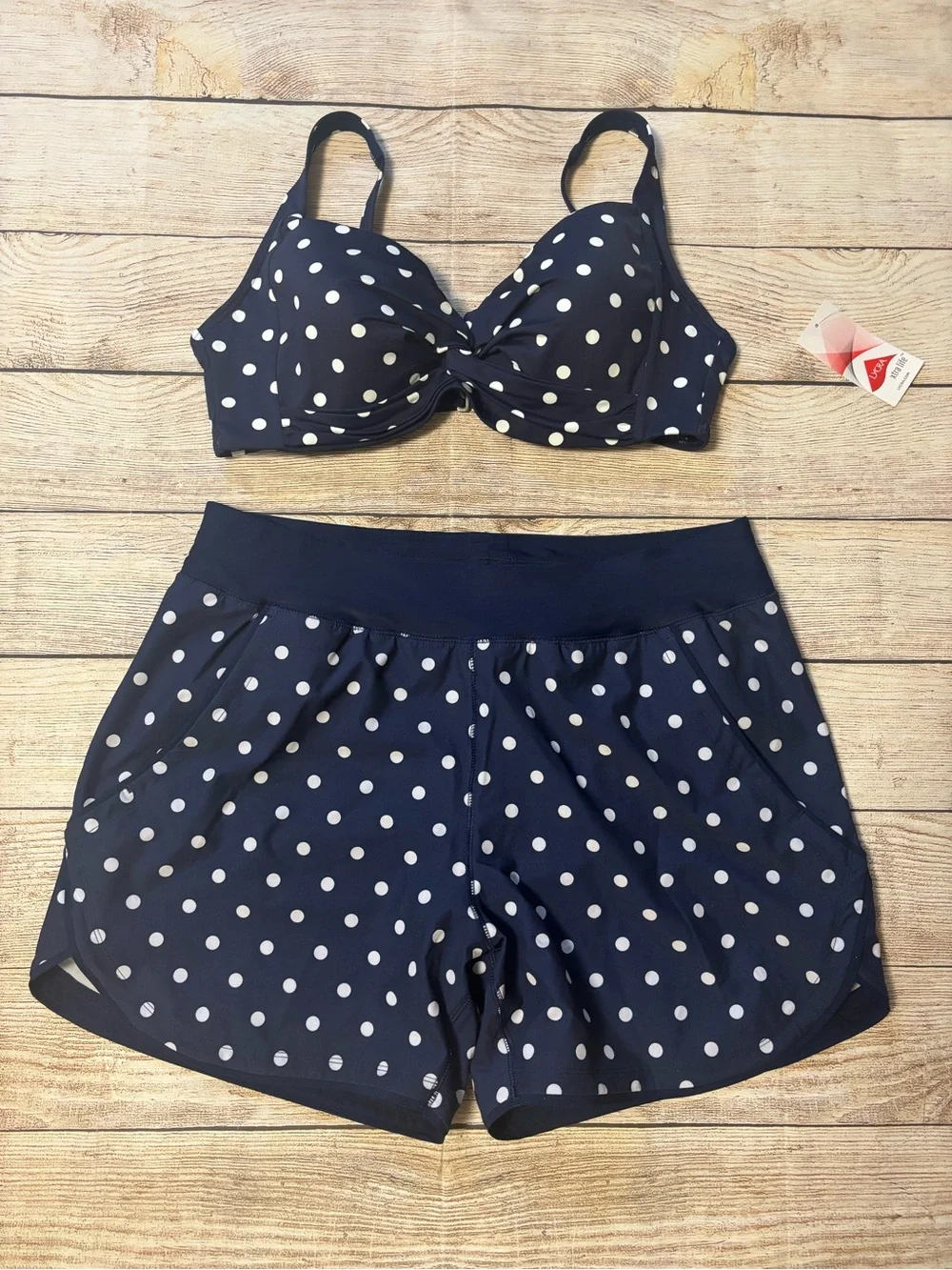 Lands' End Navy/White Polka Dot 2-Piece Underwired D Swim Shorts, 14
